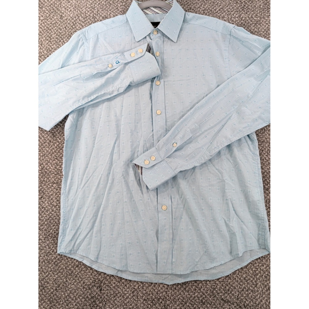Quieti Mens Light Blue Micro Check 100% Fine Cotton Button Down Shirt Small